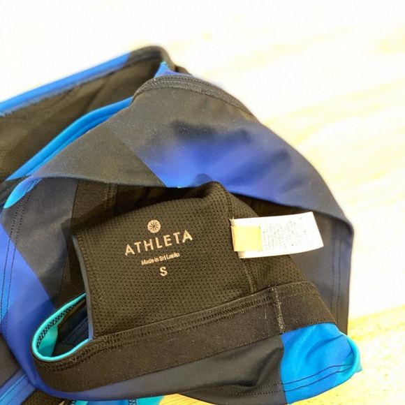 Athleta Sport Bra Keyhole Back‎ Reflective Logo Geometric Black Blue Size S - Picture 4 of 10